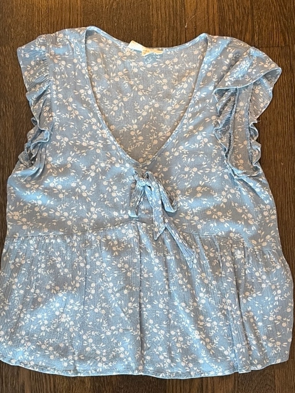 Light Blue Floral Tie-Front Ruffle Sleeve Top